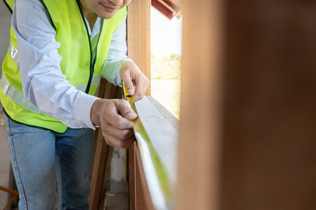 inspector or engineer is inspecting construction and quality assurance check dimension of house by...