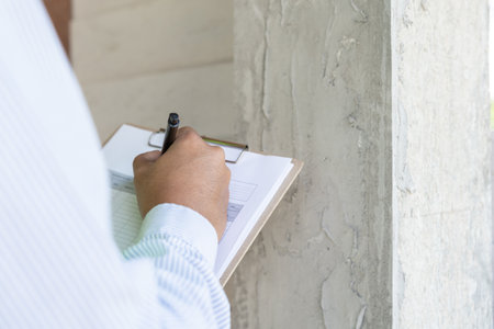 inspector or engineer is inspecting construction and quality assurance new house using a checklist. Engineers or architects or contactor work to build the house before handing it over to the homeownerの写真素材