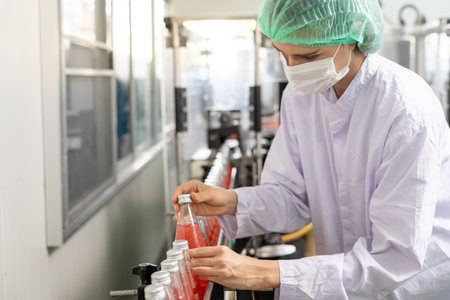 Inspector of food or beverages inspection about quality control food or beverages on warehouse before send product to the customer. Quality control or assurance, Good standardの写真素材