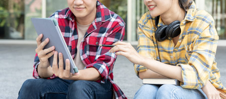 Group Asian student meeting team for work project. team happy study online. Read book in college...