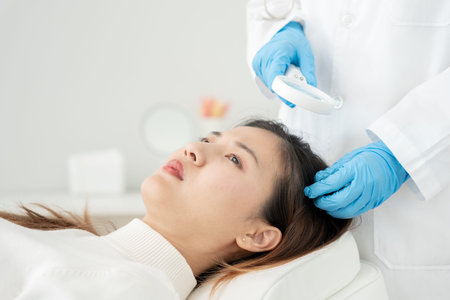 Specialist of hair recheck hair of Asian woman, damaged hair, hair loss, thinning problem, vitamin deficiency, baldness, postpartum, biotin, zinc, menstrual or endocrine disorders, hormonal imbalanceの写真素材