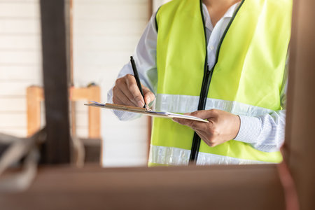 inspector or engineer is inspecting construction and quality assurance new house using a checklist....