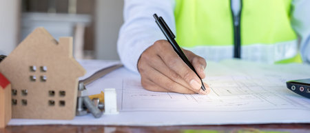 Engineers man recheck and review the blueprint of construction. Contractor inspection drawing before...