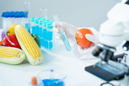 Scientist check chemical food residues in laboratory. Control experts inspect quality of fruits, vegetables. lab, hazards, ROHs, find prohibited substances, contaminate, Microscope, Microbiologistの写真素材