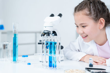 Children Scientist education scientific in laboratory. Medical child learning, Biotechnology, discover, imagine, executive function, kid, education, intelligence quotient, emotional quotientの写真素材