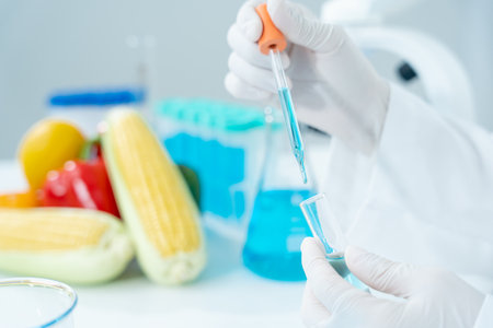 Scientist analyze biochemical samples in advanced scientific laboratory. Medical professional use dropper mix microbiological developmental of viral. Biotechnology research in  science lab. cosmeticの写真素材