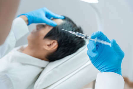 Specialist of hair injection hair tonic for Asian man, damaged hair, hair loss, thinning problem, vitamin deficiency, baldness, postpartum, biotin, zinc, endocrine disorders, hormonal imbalanceの写真素材