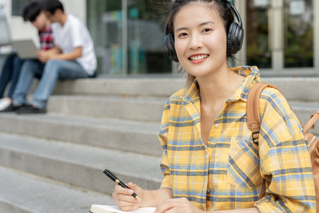 Portrait beautiful Asian woman student. Smile girl happy study. read book in college campus. young female on international Asia University. Education, study, school, learning, exam, continue educationの写真素材