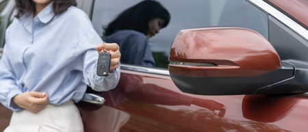 lease, rental car, sell, buy. Dealership manager send car keys to the new owner.  Sales, loan credit...