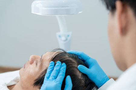 Specialist of hair check health of hair for Asian man, damaged hair, hair loss, thinning problem, vitamin deficiency, baldness, postpartum, biotin, zinc, endocrine disorders, hormonal imbalanceの写真素材