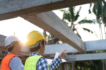 inspector or engineer is inspecting construction and quality assurance new house using a blue print....