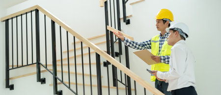 inspector or engineer is inspecting construction and quality assurance new house using a checklist. Engineers or architects or contactor work to build the house before handing it over to the homeownerの写真素材