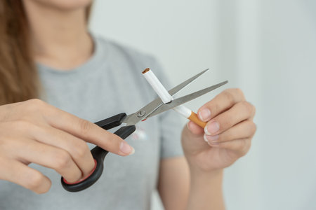 No smoking. Woman stop smoke, refuse, reject, break take cigarette, say no. quit smoking for health. world tobacco day. drugs, Lung Cancer, emphysema , Pulmonary disease, narcotic, nicotine effectの写真素材