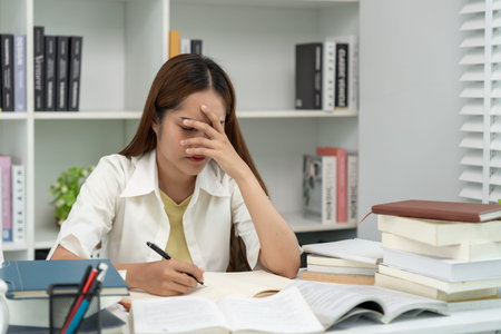 Asian student woman have anxiety because of exams, female prepare for test and learning lessons in...