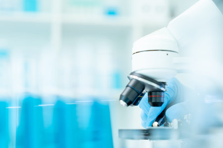 Scientist analyze biochemical samples in advanced scientific laboratory. Medical professional use...