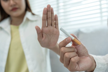No smoking. Woman stop smoke, refuse, reject, break take cigarette, say no. quit smoking for health. world tobacco day. drugs, Lung Cancer, emphysema , Pulmonary disease, narcotic, nicotine effectの写真素材