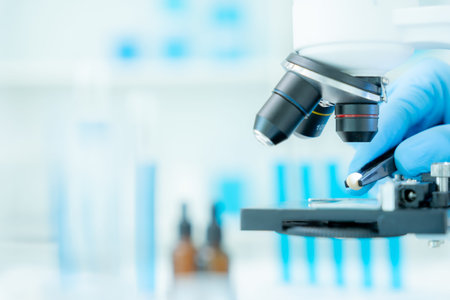 Scientist analyze biochemical samples in advanced scientific laboratory. Medical professional use...
