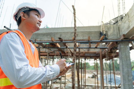 inspector or engineer is inspecting construction and quality assurance new house using a checklist....