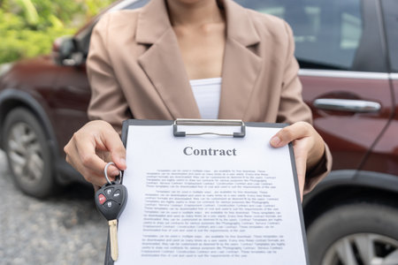 lease, rental car, sell, buy. Dealership send contract and car keys to new owner to sign. Sales, loan credit financial, rent vehicle, insurance, renting, Seller, dealer, installment, car care businessの写真素材