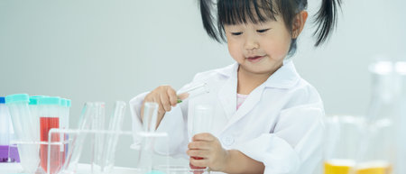 Children Scientist education scientific in laboratory. Medical child learning, Biotechnology, discover, imagine, executive function, kid, education, intelligence quotient, emotional quotiの写真素材