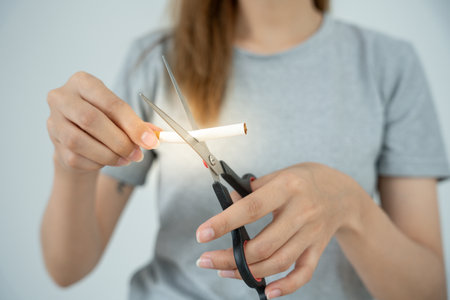 No smoking. Woman stop smoke, refuse, reject, break take cigarette, say no. quit smoking for health. world tobacco day. drugs, Lung Cancer, emphysema , Pulmonary disease, narcotic, nicotine effectの写真素材