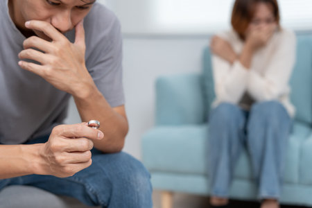 Divorce and quarrels. couples are desperate and disappointed after marriage. Husband and wife are sad, upset and frustrated after quarrels. distrust, love problems, betrayals. family problem.の写真素材