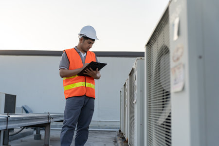 Asian maintenance engineer works on the roof of factory. contractor inspect compressor system and plans installation of air condition systems in constructionの写真素材