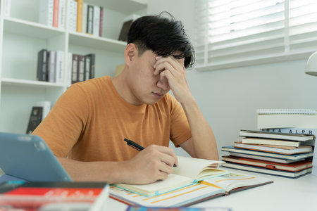 Asian student man have anxiety because of exams, male prepare for test and learning lessons in the library. stress, despair, haste, misunderstanding reading, discouragedの写真素材