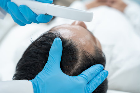 Specialist of hair recheck hair of Asian woman, damaged hair, hair loss, thinning problem, vitamin deficiency, baldness, postpartum, biotin, zinc, menstrual or endocrine disordersの写真素材