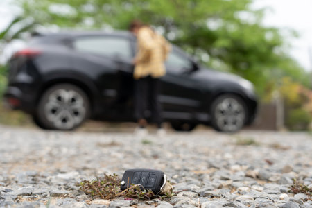 Lost car keys on the ground, Car keys dropped on the floor or fall lying on the street home front. Walking Away From Lost Car Key, can not transport, express, rush time, wast time,の写真素材