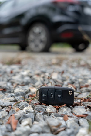 Lost car keys on the ground, Car keys dropped on the floor or fall lying on the street home front. Walking Away From Lost Car Key, can not transport, express, rush timeの写真素材