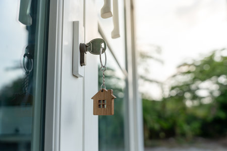 Key for unlocking house is plugged into the door. Second hand house for rent and sale. keychain is blowing in the wind.の写真素材