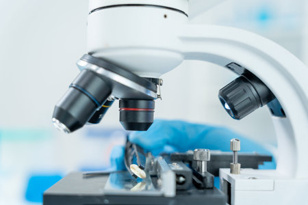 Scientist analyze biochemical samples in advanced scientific laboratory. Medical professional use...