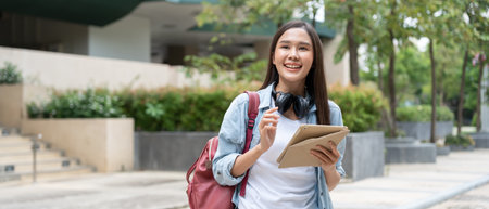 Beautiful student asian woman with backpack and books outdoor. Smile girl happy carrying a lot of book in college campus. Portrait female on international university.の写真素材