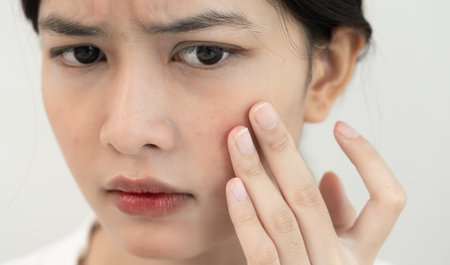 Woman worried about face, rosacea dermatitis, allergic steroids, sensitive skin, red face from sunburn, acne, dry skin, large pores, rash face, dull, freckles, wrinkleの写真素材