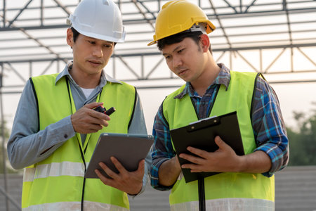Engineers team use tablet and check the blueprint on site. Contractor and inspector inspection...