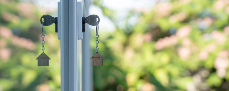 Landlord key for unlocking house is plugged into the door. Second hand house for rent and sale. keychain is blowing in the wind. mortgage for new home, buy, sell, renovate, investment,の写真素材