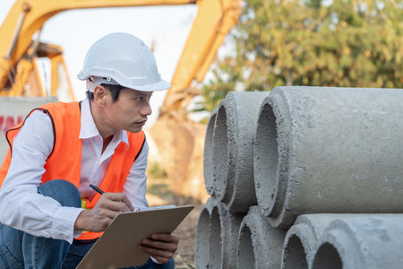 inspector or engineer is inspecting construction house using a checklist. Engineers and architects or contactor count materials for construction. Building, check, insurance house,の写真素材