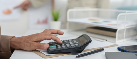 Business team calculate benefit, working woman, spreadsheets, graph financial development, bank...
