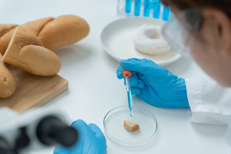 Scientist check chemical and fungus in laboratory. Control experts inspect the concentration of chemical residues. hazards, standard, prohibited substances, contaminate,の写真素材