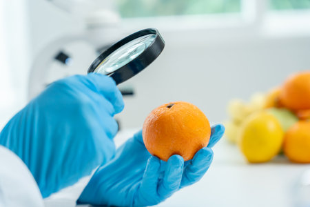 Scientist use magnifying glass to check physical occur from chemical on fruit and vegetable residues in laboratory. inspect the concentration of chemical residues, standardの写真素材