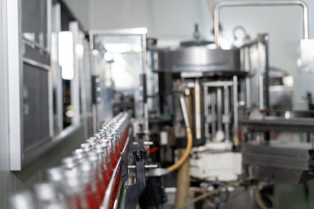 Factory of food or beverages, Conveyor for feed bottle, food or beverages on warehouse before send...
