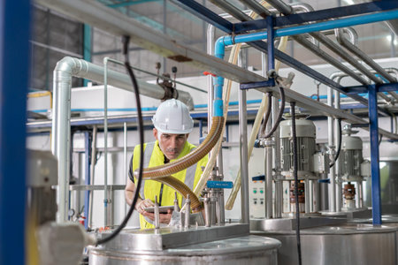 Engineers or factory managers wearing safety helmet inspect the machines in the production line....