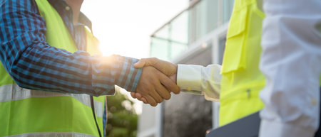Construction team hands shaking greeting start up plan new project contract in office center at construction site, industry ,architecture, partner, teamwork, agreement,の写真素材