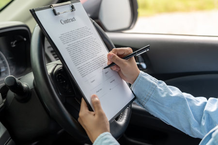 lease, rental car, sell, buy. Sign contract for new and used Car. Sales, loan credit financial, rent vehicle, insurance, renting, Seller, dealer, installmentの写真素材