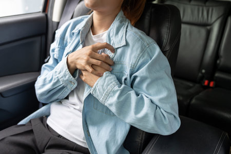 hand hold chest with heart attack symptoms, Accident from business woman working hard have chest...