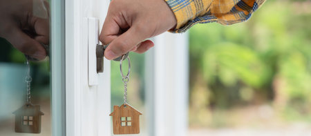 Landlord key for unlocking house is plugged into the door. Second hand house for rent and sale....