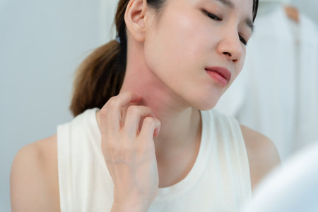 Skin and beauty problems Women have itchy skin and red rashes from cosmetic allergies, steroid allergies, sensitive skin, redness from sunlight, chemical allergies, rashesの写真素材