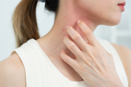 skin problem and beauty. Young woman scratch body has itchy skin from skin allergic, steroid allergy, sensitive skin, red from sunburn, chemical allergy, rash, insect bites,の写真素材