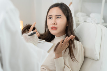 Specialist of hair recheck hair of Asian woman, damaged hair, hair loss, thinning problem, vitamin deficiency, baldness, postpartum, biotin, zinc, menstrual or endocrine disordersの写真素材